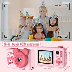 Cámara para niños, cámara para niños pequeños con cámaras frontales y traseras HD duales de 4800 W, tarjeta de memoria de 32 G, pantalla protectora de ojos HD 2.0, grabación de video HD de 1080P y efectos especiales - Cámara digital para niños rosa 