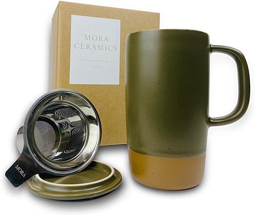 Mora Ceramics Large Tea Mug with Loose Leaf Infuser and Ceramic Lid, 18 oz, Portable, Microwave and Dishwasher Safe, Tall Coffee Cup - Rustic Matte Ceramic Glaze, Modern Herbal Tea Strainer, Olive