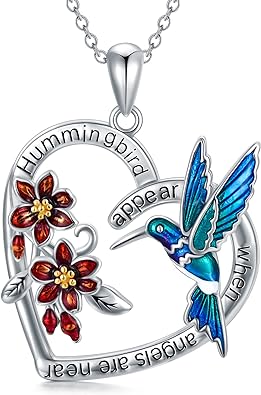 LONAGO Kolibri-Halskette aus Silber, Kolibri-Herz-Anhänger mit roter Glockenblume, Kolibris, Geschenke für Frauen und Mädchen