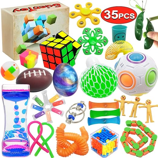 Scientoy Fidget Toy Set, 35 piezas de juguete sensorial para ADD, TOC, niños autistas, adultos, ansiedad, autismo para aliviar el estrés y antiansiedad con temporizador de movimiento, perfecto para recompensa en el aula con caja de regalo 