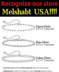 Melshabt Pulseras de tobillo de plata de ley para mujer con cierre de langosta fuerte – eslabón cubano, fígaro, cuerda, marinero plano, espiga de serpiente, satélite, clip – Tobillera de plata impermeable para playa de verano