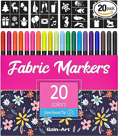 Gain-Art Fabric Markers Permanent for Clothes - 20 Colors Fine Tip Fabric Paint Pens with 5 Painting Templates - Non-Toxic Fabric Paint Markers for T-shirts Sneakers Canvas Bags and Textiles