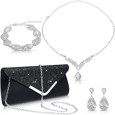 4-teiliges Damen-Strass-Schmuckset mit floralen Wellen, tropfenförmige Kristall-Hochzeits-Halskette, Ohrringe, florales Cluster-Wellen-Armband, Glitzer-Umschlag, Abendtasche, Handtasche, Party, Braut-Geldbörse