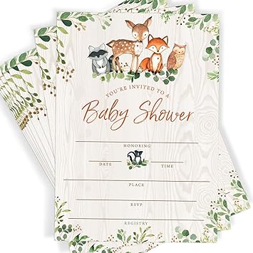 Printed Party Baby Shower Invitations and Envelopes, Woodland Animals, Set of 25