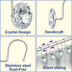 12PCS Shower Curtain Hooks Rings for Bathroom, Stainless Steel Rust Resistant Decorative Rhinestones Hangers for Shower Curtains, Clothing, Towels, etc.