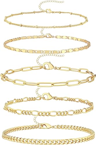 Gokeey Fußkettchen für Damen, 14 Karat vergoldet, wasserfest, geschichtet, kubanische Figaro-Gliederkette, Fußkettchen-Set, Gold-Fußkettchen, Schmuck, Geschenk, verstellbare Größe, 5 Stück