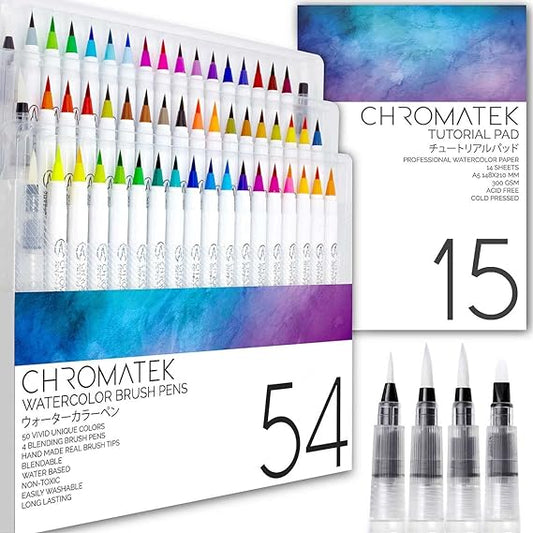 CHROMATEK 54 Watercolor Pens Set, Including 15 Page Pad & Online Video Tutorial Series, 4 Aquapens, 50 Unique Colors, Real Brush Pens, Easily Blended, Vivid, Smooth, Professional Art Supplies