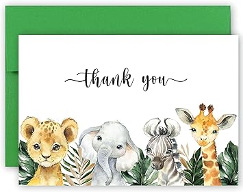 Safari Jungle Thank You Cards With Envelopes, 50 Jungle Animals Folded Baby Shower Thank You Note, 4 x 6 Wild one Notecards, Perfect for Baby Shower & Kids Birthday