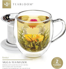 Teabloom Double-Wall Heatproof Glass Mug with Stainless Steel Infuser and White Lid – 15 OZ / 430 ML – 2 Blooming Teas Included