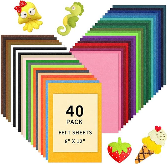 HTVRONT Felt Sheets for Crafts - 40pcs Stiff Felt for Crafts, 8x12 Craft Felt Sheet, 1mm Assorted Colors Felt Fabric Sheets, Thin Felt Pack Patchwork Craft Supplies, Felt Squares A4 Size Felt Paper