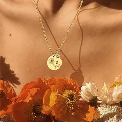 MEVECCO Birth Flower Necklace 18k Gold Custom Floral Pendant Necklaces Dainty Birth Month Flower Disc Hand Stamped Necklace Personalized Jewelry Birthday Gift