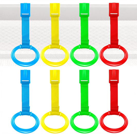 Aocoray 8 anillos para tirar de cuna de bebé, anillos de pie para cama de bebé, anillo para colgar en cuna de 4 colores, anillo para tirar de asistente para caminar para bebés y niños pequeños 