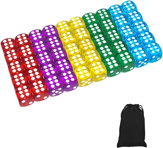 Paquete de 50 dados de 6 caras de 14MM, dados de colores translúcidos, con bolsa negra para juego de mesa 