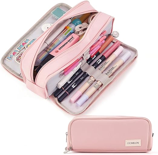 CICIMELON Large Capacity Pencil Case 3 Compartment Pouch Pen Bag for School Teen Girl Boy Men Women (Pink)