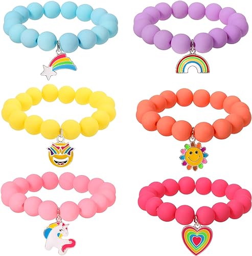 PinkSheep Einhorn-Perlen-Anhänger-Armband für Kinder, Mädchen, 6 Stück, Regenbogen-Monster, Sonne, Blume, Herz, Meteor-Charm, Freundschaftsarmband, gutes Freund-Geschenk