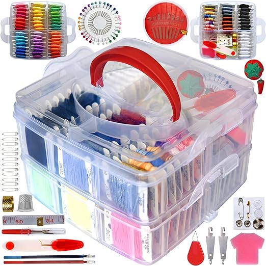 QCZKB 188 Embroidery Floss Set Including Cross Stitch Threads Friendship Bracelet String with 2-Tier Transparent Box, Floss Bobbins and Cross Stitch Kits, Cotton