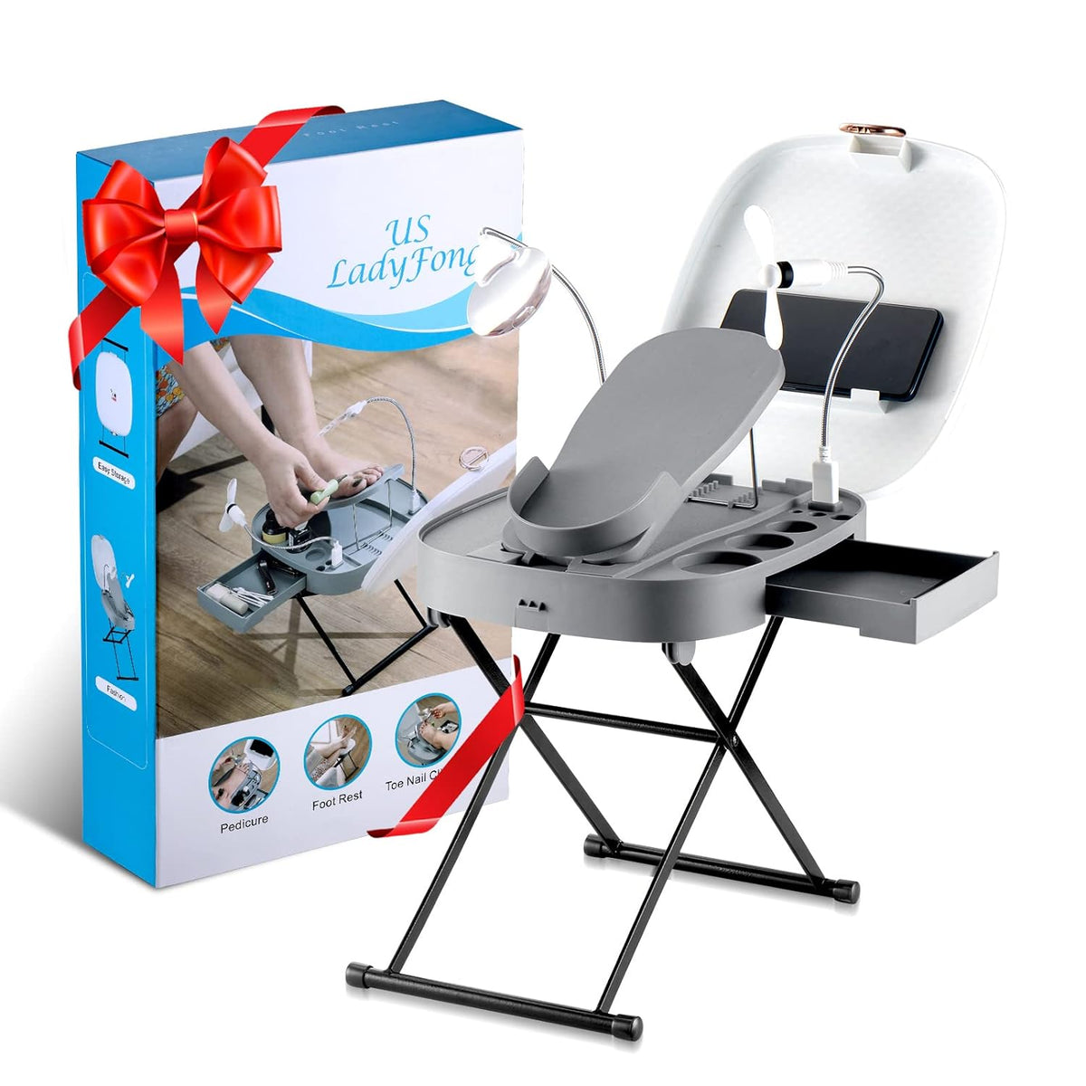 USLADYFONG Pedicure Stool with LED Magnifier Drying Fan The Pedicure Tools for Easy at-Home Pedicures Adjustable Pedicure Foot Rest, Non-Slip Sturdy Legs & Built-in Storage Beauty Kits for Women