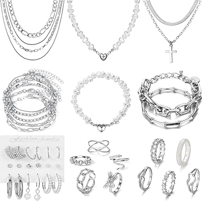 43-teiliges Silber-Schmuckset für Damen und Mädchen, baumelnde Kugel-Creolen, mehrschichtige Armbänder, stapelbare Knöchelringe, verstellbare zierliche Halsketten, modisches, trendiges Party-Geschenkpaket zum Jahrestag, Valentinstag