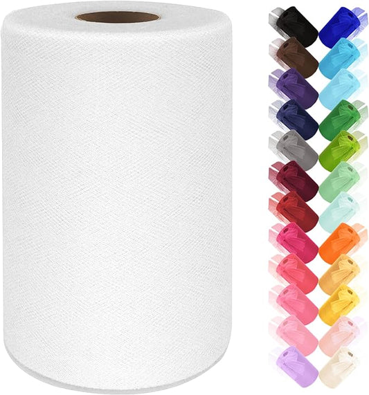 White Tulle Fabric Rolls 6 Inch by 100 Yards (300 ft) Tulle Ribbon Netting Spool for Tutu Skirt Wedding Baby Shower Birthday Party Decorations Halloween DIY Crafts Gift Wrapping, 28 Colors (White)