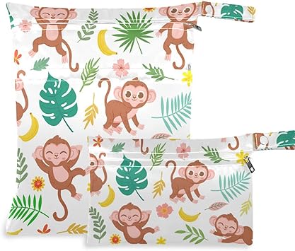 Wajiw 2pcs Cute Monkeys Wet Dry Bags,Waterproof Reusable Cloth Diaper Wet Dry Bags for Travel,Diapers,Dirty Gym Clothes and Toiletries