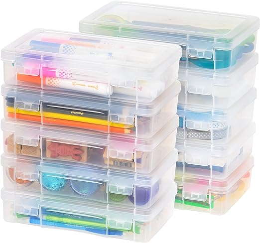 IRIS USA 10 Pack Medium Plastic Hobby Art Craft Supply Organizer Storage Containers with Latching Lid, for Pens & Pencils, Ribbons, Wahi Tape, Beads, Sticker, Yarn, Ornaments, Stackable, Clear