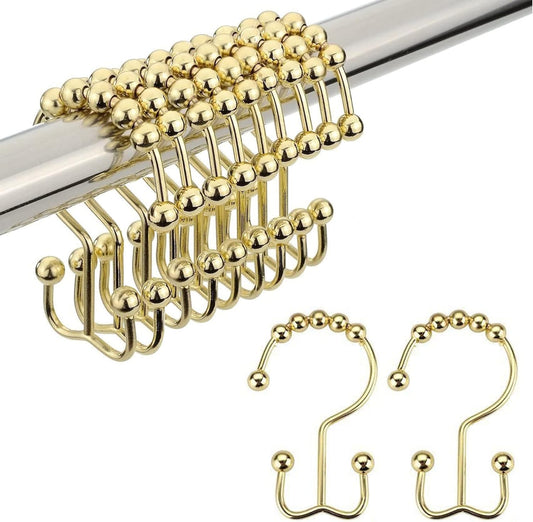 Amazer Gold Shower Curtain Hooks Rings, Stainless Steel Shower Curtain Rings, 12Pcs Double Glide Shower Hooks for Bathroom Shower Curtain Rods Dual Rust-Resistant Shower Rings