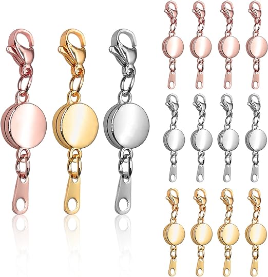 Roctee 15 Pcs Locking Magnetic Jewelry Clasp for Women, Round Alloy Necklace Clasp Closures Bracelet Extender Ornaments Clip Converter for Jewelry DIY Making Trinkets Crafts(Gold, Silver, Rose Gold)