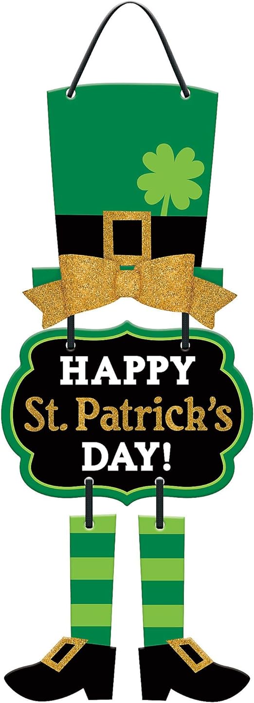 Festive Multicolor St. Patrick's Day Leprechaun Triple Sign - 19"x 8.5"(1 Pc.) - MDF Wall Decor with Glitter, Bow & Ribbon Hanger - Perfect Irish Celebration Decoration