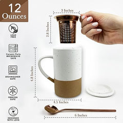 Mora 12oz Ceramic Tea Cup with Infuser, Spoon, Lid - Microwave & Dishwasher Safe