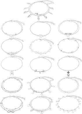 Hicarer 16 Stücke Fußkettchen 14K für Frauen Mädchen Fußkettchen Set Silber Gold Mädchen Boho Strand Fußkettchen Fußketten Verstellbarer Fuß Handschmuck Romantisches Geschenk