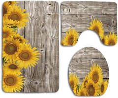 Natural Plant Sunflowers with Leaves on Wooden 3pcs Set Rugs Skidproof Toilet Seat Cover Bath Mat Lid Cover Cushions Pads