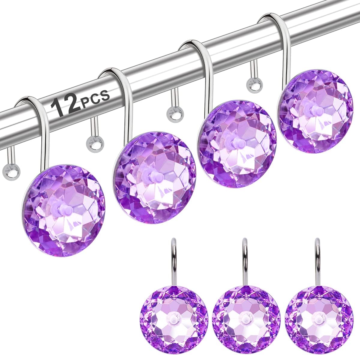 12PCS Shower Curtain Hooks Rings for Bathroom, Stainless Steel Rust Resistant Decorative Rhinestones Shower Curtain Rings Hangers for Shower Curtains, Clothing, Towels, etc.