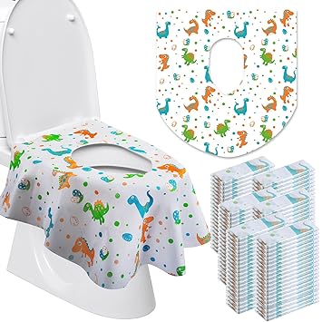 Reginary 100 Pcs Toilet Seat Cover Disposable Bulk Extra Large Non Slip Potty Seat Cover Waterproof Individually Wrapped Portable Potty Cover for Kid Toddler Adult Public Restroom (Dinosaur Pattern)