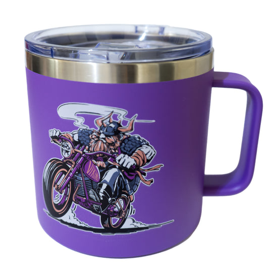 Viking Rider 14 Oz Insulated Coffee Mug with Slider Lid Handle, Double Wall Vacuum Thermal Metal Large Drink Cup for Biker Motorcycle Lover, Norse Viking Gifts for Men