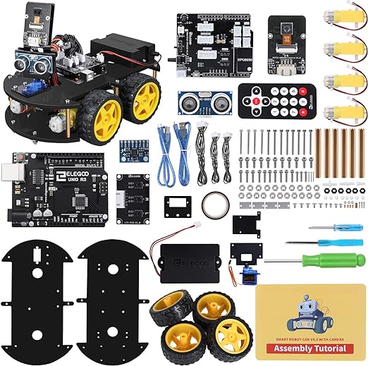 ELEGOO UNO R3 Project Smart Robot Car Kit V4 con UNO R3, módulo de seguimiento de línea, sensor ultrasónico, control remoto por infrarrojos, etc. Kit robótico de juguete inteligente y educativo para estudiantes de Arduino 