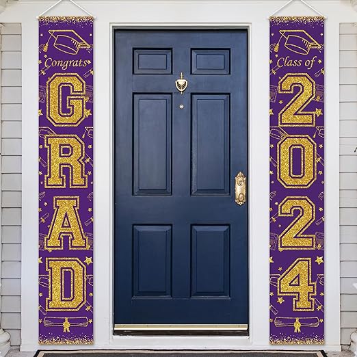 OTTPOOM 2024 Graduation Party Decorations Porch Sign Banner Purple and Gold Congrats Grad Party Supplies Decorations Class of 2024 Door Banner for Graduation Party, 71x12 Inch