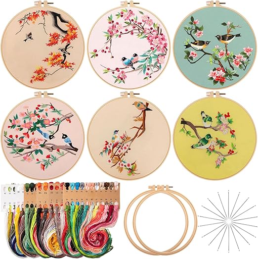 Crowye 6 Sets Embroidery Starters Kits for Adults Hand Embroidery with Bird Patterns and Instructions Hobby Beginners Kit Cross Embroidery Kits Embroidery Clothes Embroidery Hoop Threads Needles