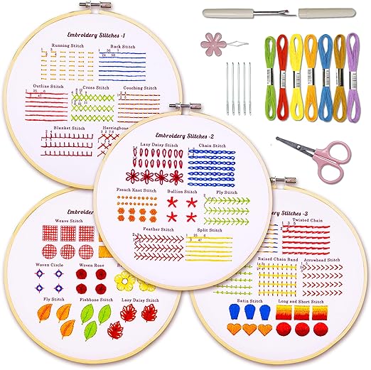 Bradove 4 Sets Embroidery Stitches Practice Kit, Embroidery Kit for Beginners with Embroidery Patterns, Beginner Embroidery Kit, Embroidery Kits for Adults, Hand Embroidery Kit for Kids