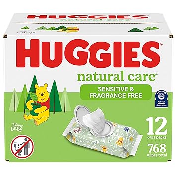 Huggies Natural Care Sensitive Baby Wipes, Unscented, Hypoallergenic, 99% Purified Water, 12 Flip-Top Packs (768 Wipes Total), Packaging May Vary