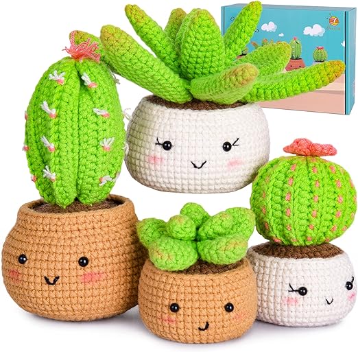 Crochetta Crochet Kit for Beginners - Crochet Starter Kit with Step-by-Step Video Tutorials, Learn to Crochet Kits for Adults and Kids, DIY Knitting Supplies, 4 Pack Plants Family(40%+ Yarn)