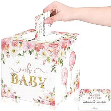 50 Pcs Floral Diaper Raffle Tickets with Diaper Raffle Card Box Baby Shower Holder Box Floral Baby Shower Decorations for Girl Diaper Raffle Floral Game Insert Card for Party Decorations (Pink)