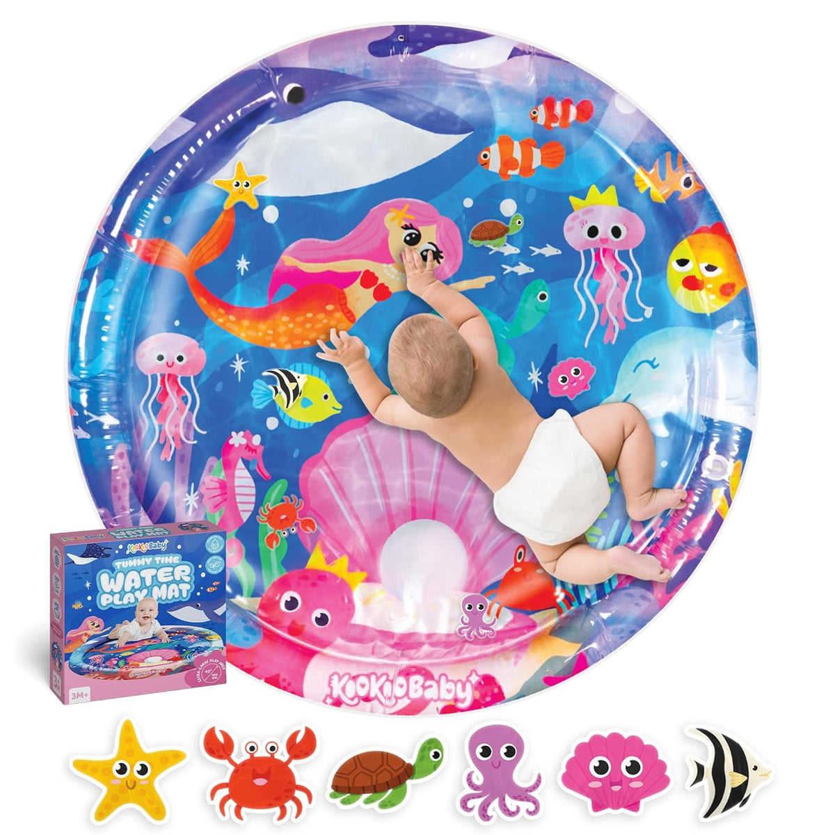 KooKooBaby Tapete de agua para bebés, juguetes para el tiempo boca abajo, tapete inflable para el tiempo boca abajo, juguetes seguros para bebés, tapete de actividades con juguetes sensoriales para bebés de 3 a 6 a 12 meses (sirena rosa, extra grande) 