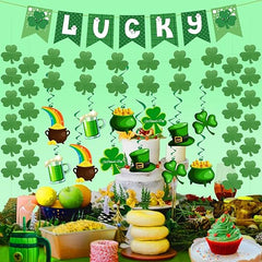 31Pcs St Patricks Day Decorations Pre-assembled Shamrock LUCKY Banner Garlands Clover Hanging Swirls Irish Decor for Home Saint Patrick Party Supplies