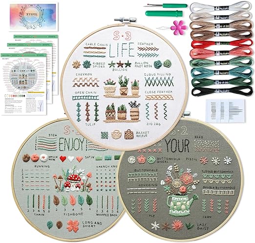 ETSPIL 3 Sets Embroidery kit for Beginners Adults，Learn 33 Different Stitches DIY Kits ，Includes Stamped Flower Pattern, Hoop, Color Threads,Tools,Easy to Follow Instruction & Video… (Simple B)