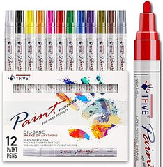 TFIVE Paint Pens Paint Markers Never Fade Quick Dry and Permanent, 12 Color Oil-Based Waterproof Paint Marker Pen Set for Rock Painting, Ceramic, Wood, Fabric, Plastic, Canvas, Glass, Mugs