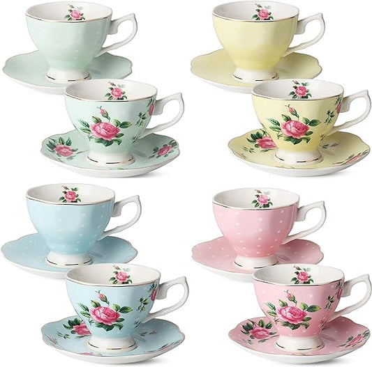 BTaT – Blumen-Teetassen und Untertassen, 8er-Set (8 oz), mehrfarbig mit Goldrand und Geschenkbox, Kaffeetassen, Blumen-Teetassen-Set, britische Teetassen, Porzellan-Tee-Set, Tee-Sets für Frauen, Latte-Tassen 