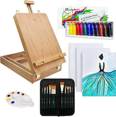 Deluxe Art Supplies 27 Pieces Art Set with Tabletop Easel, 12 Colors Acrylic Paint, 10 Paint Brushes, 3 Canvas Panels, Palettes