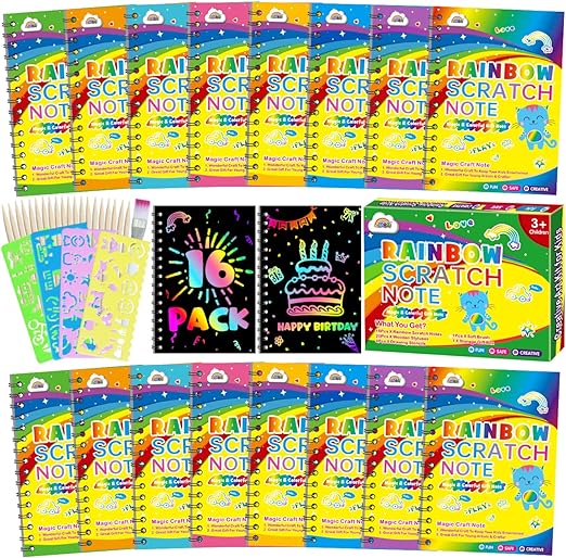 ZMLM Scratch Art Party Favors: 16 Pack Rainbow Scratch Paper Art Craft Notebooks for Kids Age 3-12 Classroom Prize Art Party Supplies Birthday Goodie Bag Stuffers Easter Christmas Gift for Girls Boys