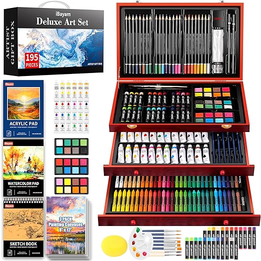 iBayam Deluxe Art Set, 195-Pack Artist Gift Box, Arts and Crafts Drawing Painting Kit Art Supplies for Adults Kids, Art Kits Paint Set with 24 Acrylic Paint, Sketchbook, Canvases, Crayons, Pencils