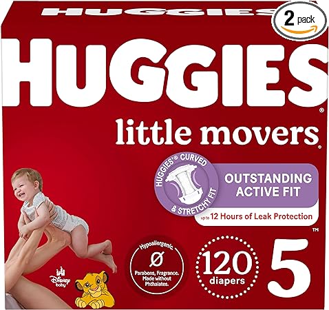 Huggies Size 5 Diapers, Little Movers Baby Diapers, Size 5 (27+ lbs), 120 Count (2 Packs of 60), Packaging May Vary